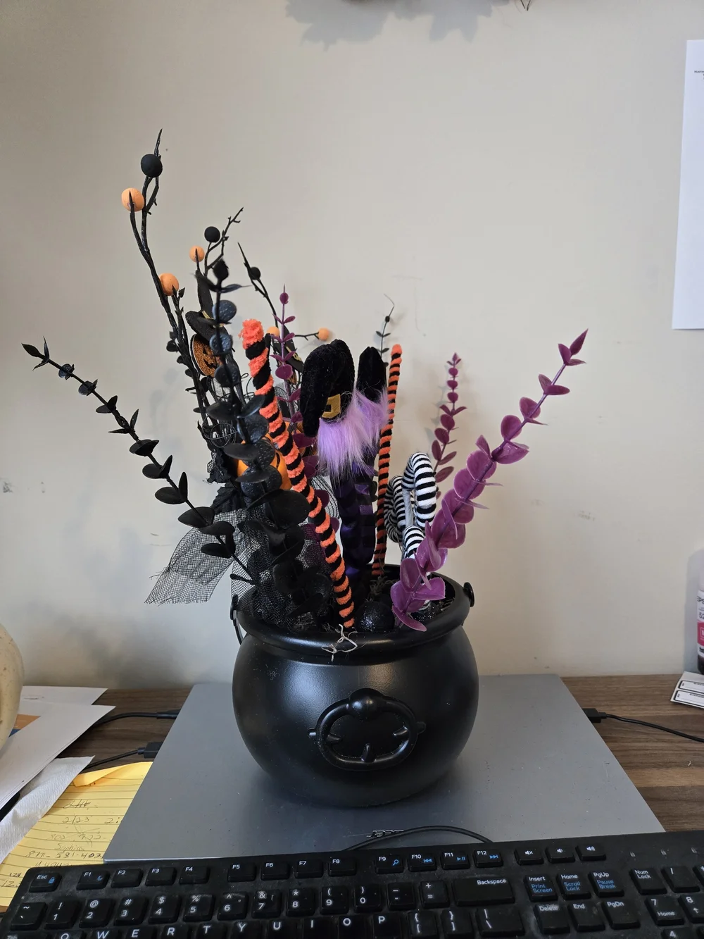 Halloween Witch Cauldron Table Centerpiece - Black, Purple & Orange